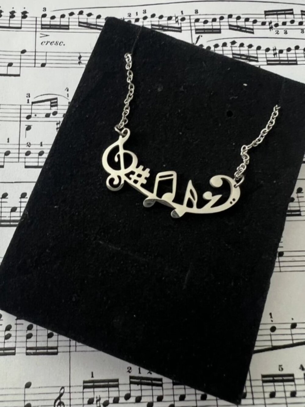 Music Note Necklace Silver Tone Treble Clef Bass Clef Pendant